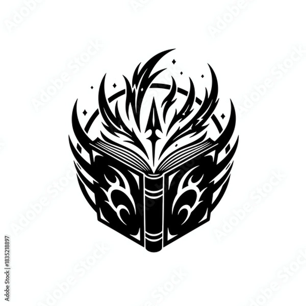Fototapeta Stylized black and white illustration of an open book with flame-like designs emanating from it.