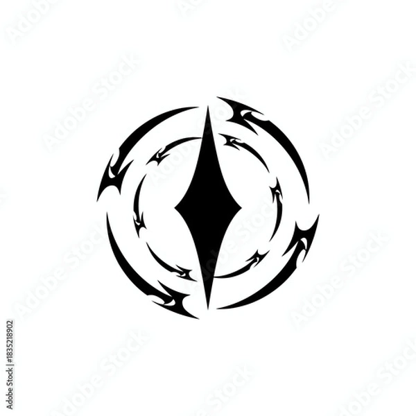 Fototapeta Abstract black circular symbol with a central rhombus and swirling tribal elements on a white background.