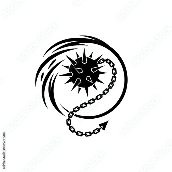 Fototapeta A black and white graphic illustration of a spiked mace with a chain, set against a swirling background.