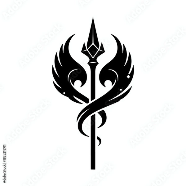 Fototapeta A striking black and white vector illustration of a stylized spear or staff with elegant, symmetrical wings, resembling a powerful emblem or mythical symbol.