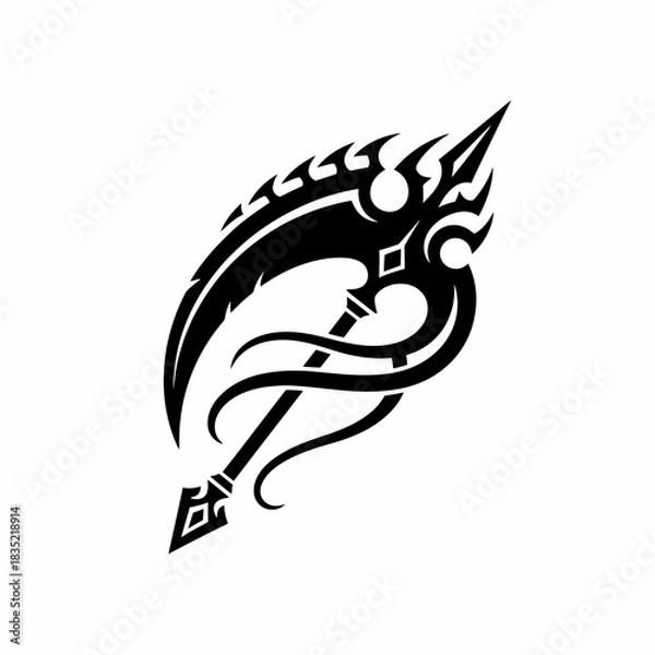 Fototapeta Stylized black and white image of a scythe with tribal design elements.