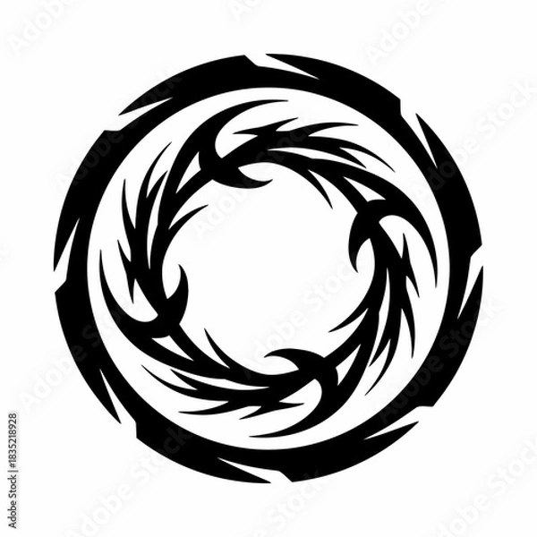 Fototapeta Black circular tribal tattoo design with sharp, thorny spikes creating a vortex effect on a white background.