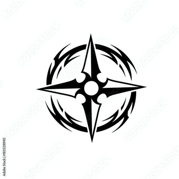 Fototapeta Black and white compass rose with tribal design elements, circular and symmetrical.