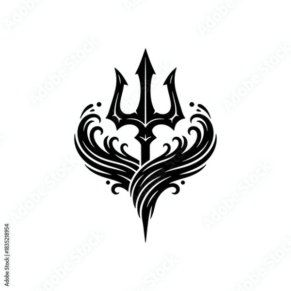 Fototapeta A powerful black silhouette of a trident emerging from stylized ocean waves, isolated on a white background.