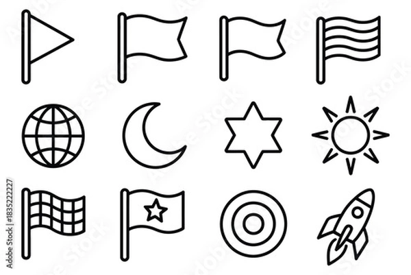 Fototapeta Diverse Line Icon Set, a hand-drawn vector collection featuring flags, celestial symbols, globe, moon, star, sun, rocket, target, and racing flag for creative and educational designs