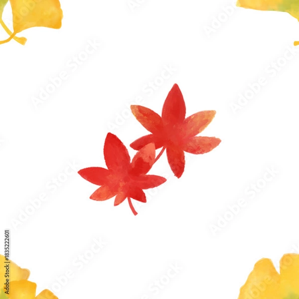 Fototapeta Autumn seamless pattern. Yellow and red leaves pattern watercolor illustration for wrapping paper, textile prints, banners, backgrounds	