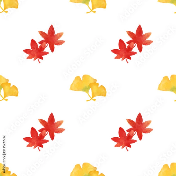 Fototapeta Autumn seamless pattern. Yellow and red leaves pattern watercolor illustration for wrapping paper, textile prints, banners, backgrounds	