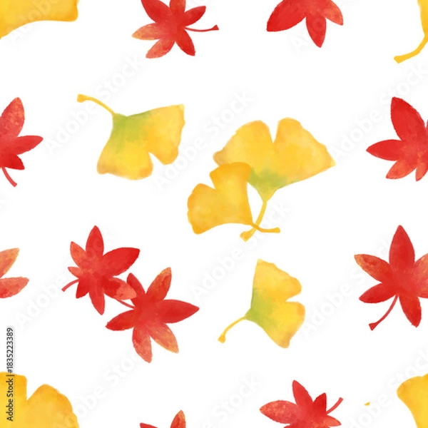 Fototapeta Autumn seamless pattern. Yellow and red leaves pattern watercolor illustration for wrapping paper, textile prints, banners, backgrounds	