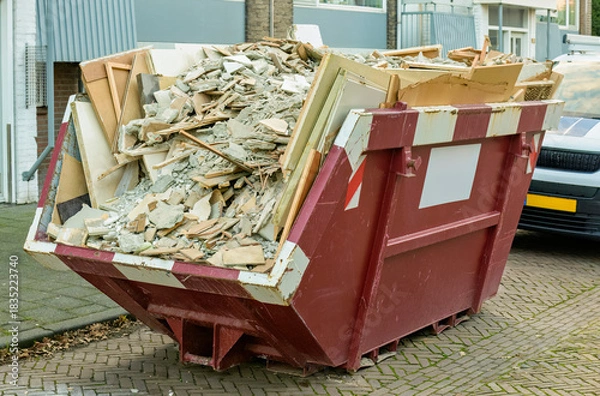 Obraz a waste bin filled with construction rubble sits outside in a parking lot