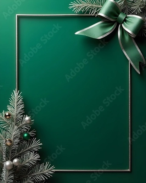 Fototapeta Elegant Green Christmas Frame with Pine Branches & Satin Ribbon Bow – Holiday Background Design