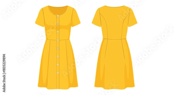 Fototapeta Sunlit Charm: Front and Back Views of a Cheerful Yellow Button-Down Dress Illustration