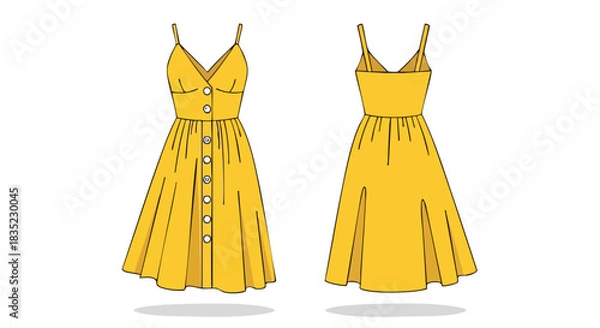 Fototapeta Vibrant Mustard Yellow Sundress Illustration: Front and Back View, Capturing Summer Fashion and Design Aspects with Simplicity and Elegance
