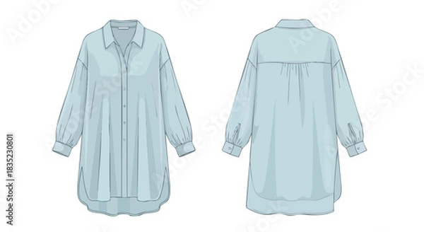 Fototapeta Elegant long-sleeve shirt dress technical drawing: front and back view showcases style and details featuring lightweight fabric and a sophisticated