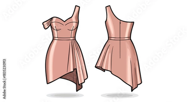 Fototapeta Elegant peach asymmetric dress fashion design sketch showcasing front and back, ideal for evening wear and special occasions, adding a touch of