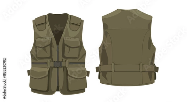 Fototapeta Detailed illustration showcasing the front and back views of a utility vest with multiple pockets and adjustable straps in a muted olive green hue