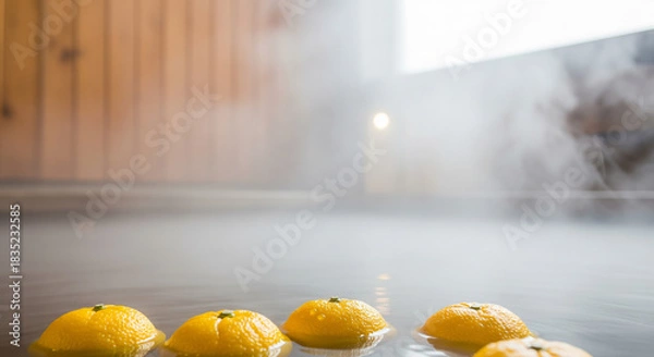 Fototapeta 柚子湯と湯気、冬至の温泉のフレーム素材（コピースペース・余白・背景・壁紙）