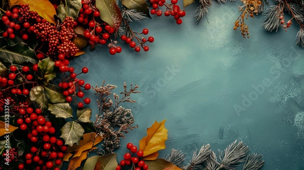 Fototapeta Autumn berries and pinecones border on textured blue background