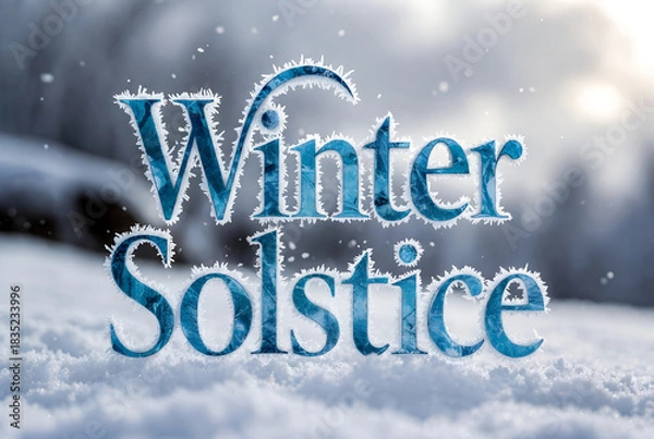 Obraz Winter Solstice frozen forest glow with falling snowflakes and icy typography in magical seasonal twilight