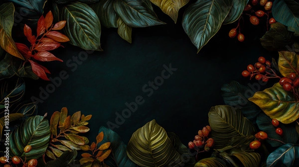 Fototapeta Dark autumn wreath with richly colored leaves and berries