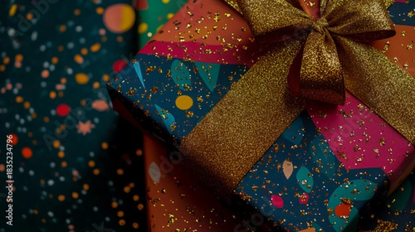 Fototapeta Colorful gift box with glittering bow and bokeh lights