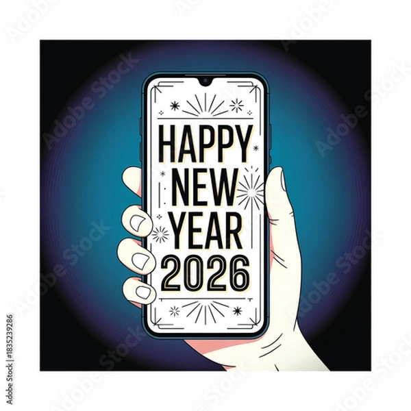 Obraz Happy New Year 2026 on Smartphone Screen Vector Illustration.