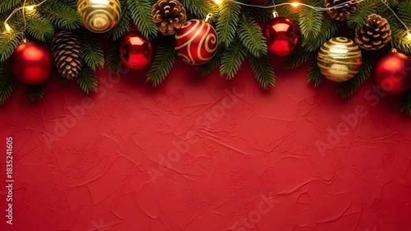 Obraz Festive christmas garland with ornaments on a red background