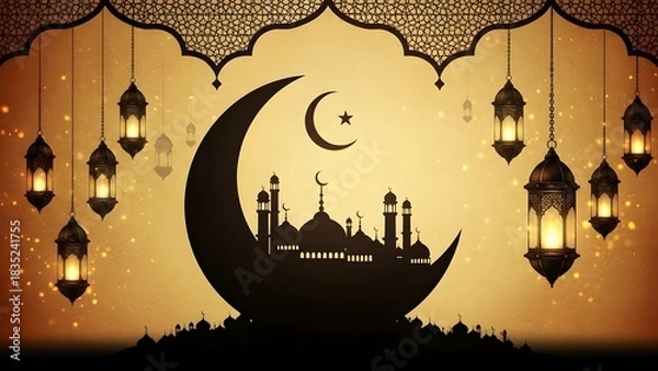 Obraz Ramadan kareem celebration with mosque silhouette and lanterns decoration