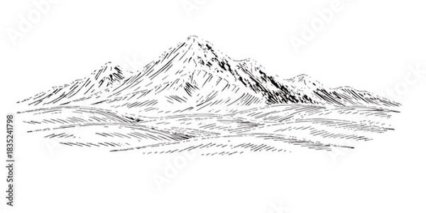Obraz Mountain landscape vector illustration of a high black rock peak with snow, ice, and cold white clouds