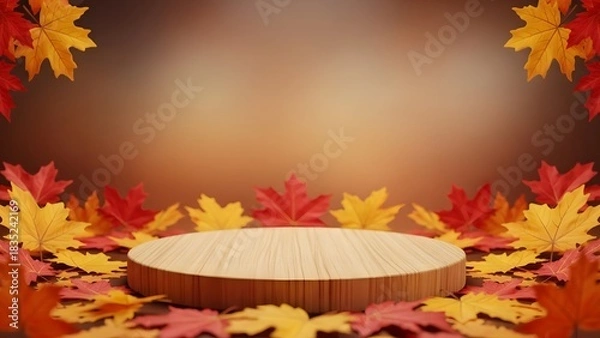Obraz Autumn product display with colorful leaves and wooden podium