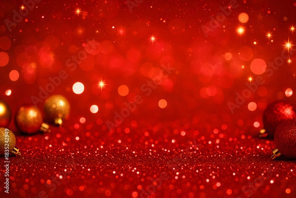 Fototapeta 赤とゴールドのきらめくクリスマス背景、華やかなボケとオーナメント
