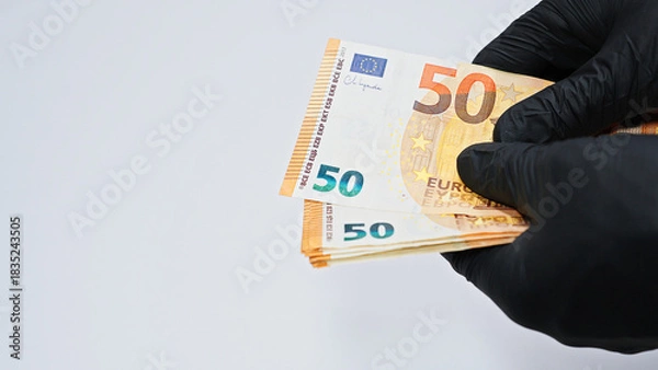 Obraz Close-up of hands in black gloves counting euro banknotes, symbolizing crime, corruption, money laundering, illegal finance, and underworld economic activities.