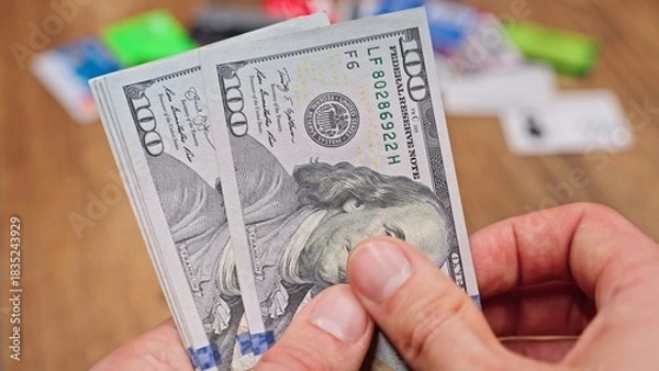 Obraz Woman counting US dollar bills with blurred credit cards in the background, representing finance, budgeting, spending, and cash management concepts.