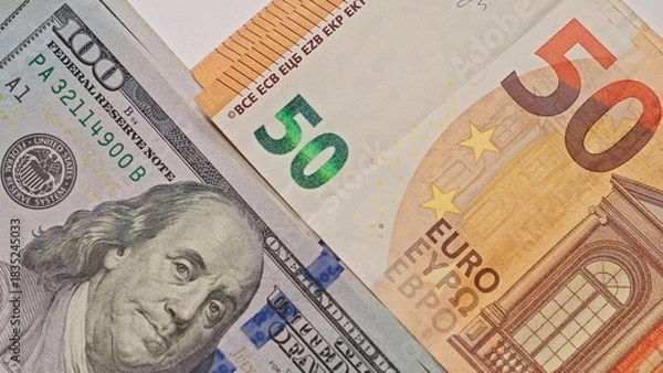 Obraz Closeup of a US hundred dollar bill and euro fifty banknote overlapping, symbolizing global finance, currency exchange, money transfer, and international economic relations.