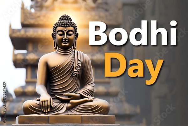 Obraz Bodhi Day spiritual awakening with meditating buddha statue in temple glow celebrating enlightenment moment