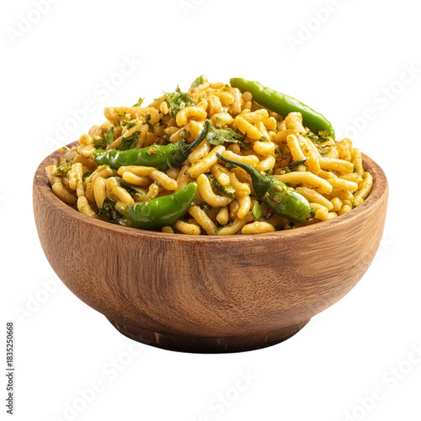 Fototapeta Authentic spicy indian namkeen sev snack in a rustic wooden bowl with green chilies