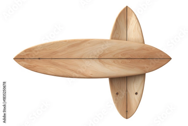 Fototapeta Two stylish wooden surfboards with natural grain, cross pattern, isolated design