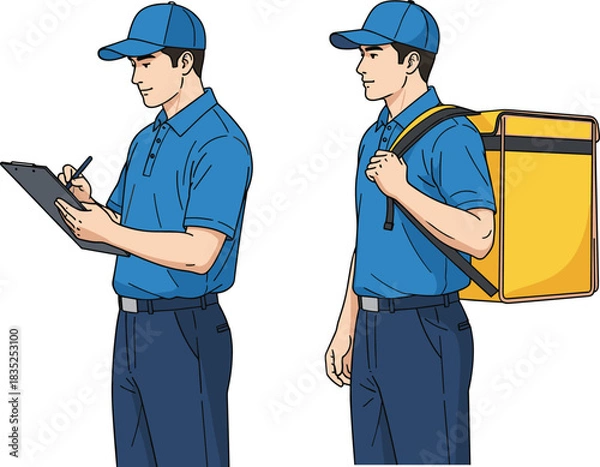 Fototapeta Delivery workers in blue uniform with clipboard and insulated backpack performing logistics and food service tasks in urban outdoor setting