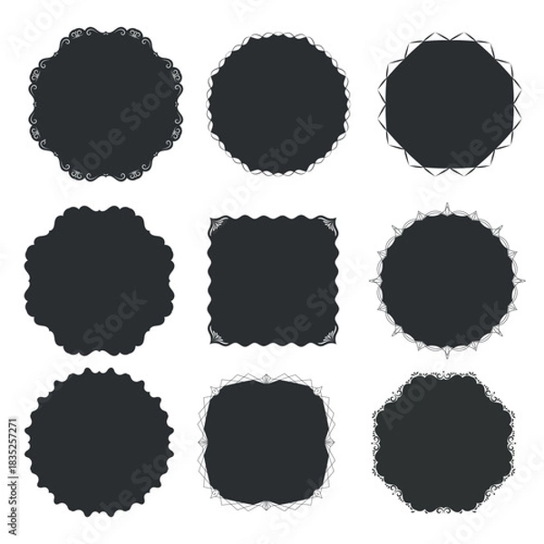 Fototapeta Set of decorative black silhouette frames in various shapes. Collection of elaborate Rounded and oval frames with decorative swirls for vintage design, invitations, announcements, photographs