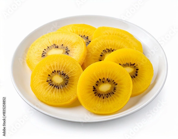 Fototapeta A plate of sliced golden kiwi fruit isolated on a white background