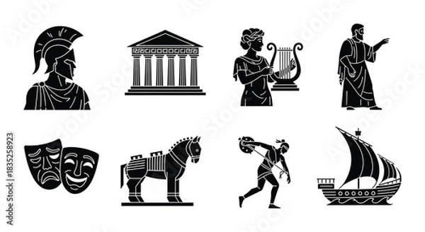 Obraz Ancient greece icons helmets temples theatre mythology and historical elements