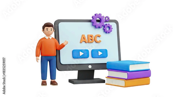 Fototapeta 3D Teacher Presenting Online Education on Computer Screen