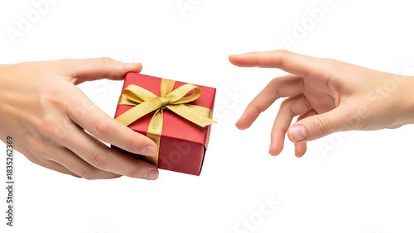 Obraz Two hands exchanging a small red gift box with gold ribbon isolated on transparent background
