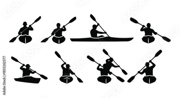 Obraz Silhouette illustrations of kayakers and canoes in various paddling positions