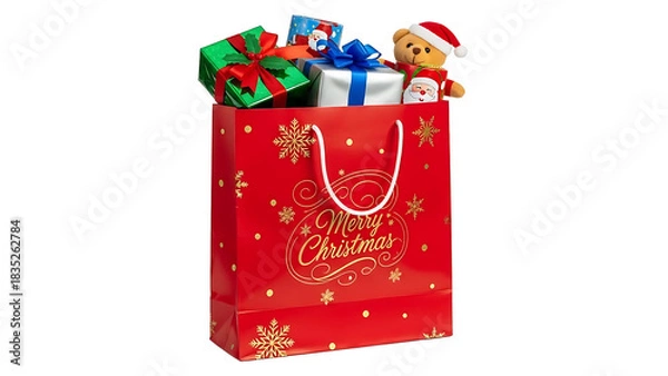 Obraz Red christmas gift bag filled with presents and teddy bear isolated on transparent background