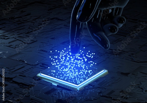 Fototapeta Artificial Generative module. Ectronic circuit board with processor. Modern technology background image 