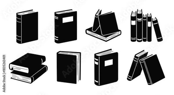Obraz A collection of black and white book icons in various orientations