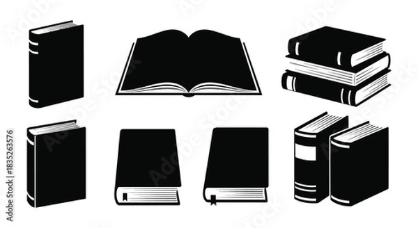 Obraz A collection of black and white book icons in various orientations