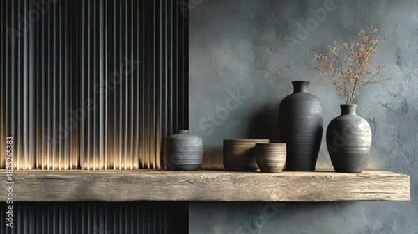 Fototapeta Charcoal Minimalism: Monochromatic Wooden Slat Wall with Floating Shelf and Deep Dramatic Shadows