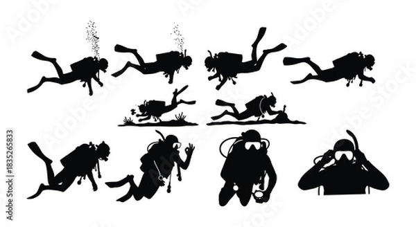 Obraz Silhouettes of scuba divers swimming and exploring underwater life