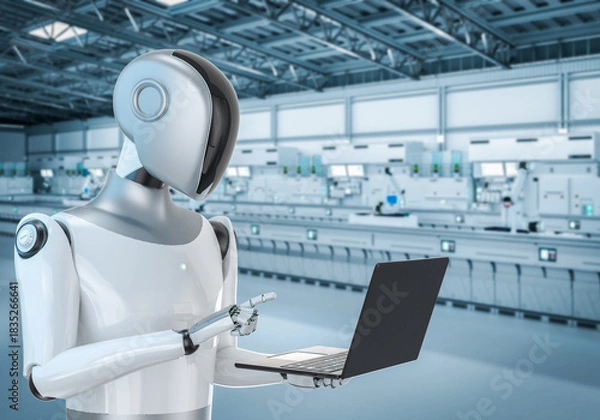 Fototapeta Robot work in a laptop. AI robot concept. Artificial intelligence. Robotic background image. Robot work in a office. 